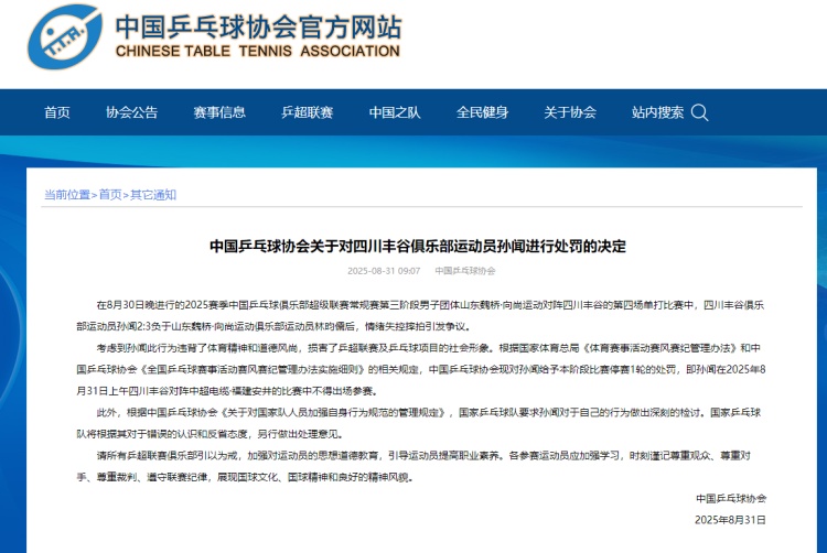 定处罚, 根据中国乒